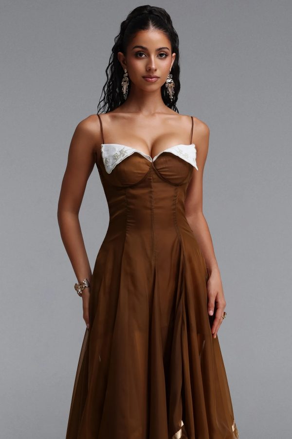 viya spaghetti strap embroidered lapel tulle maxi dress 12