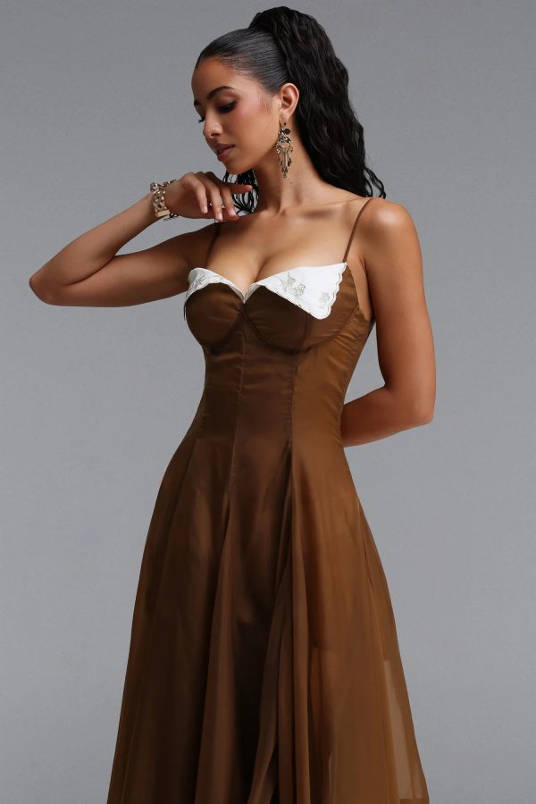 viya spaghetti strap embroidered lapel tulle maxi dress 14