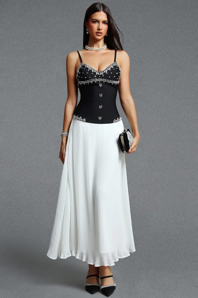 yaen spaghetti strap rhinestone pleated bandage maxi dress 11