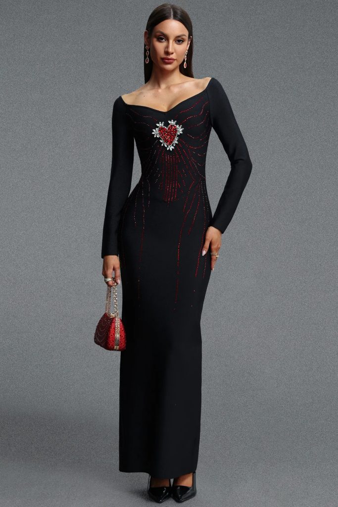 zakana long sleeve heart rhinestone embellished bandage maxi dress 11