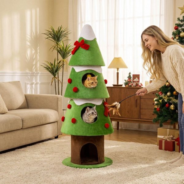 62 christmas cat tree with 3 cozy condos & 2 hanging balls 12