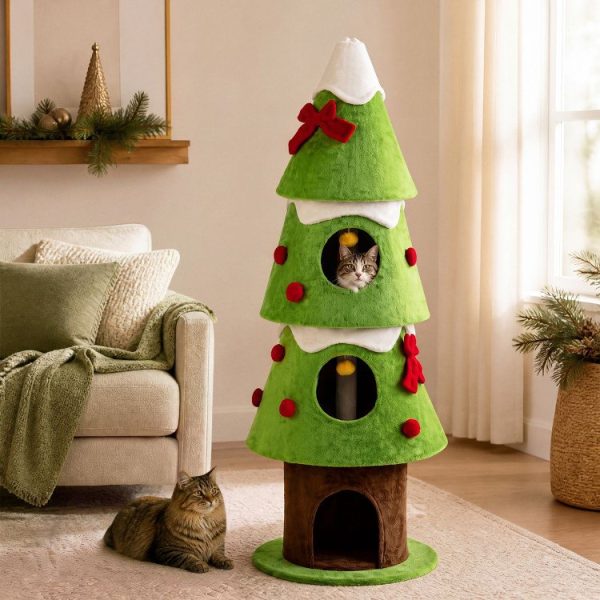 62 christmas cat tree with 3 cozy condos & 2 hanging balls 13