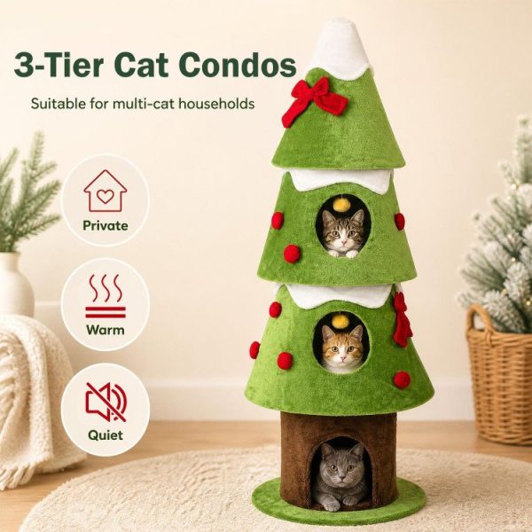 62 christmas cat tree with 3 cozy condos & 2 hanging balls 14