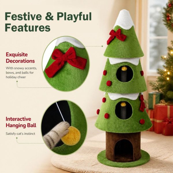 62 christmas cat tree with 3 cozy condos & 2 hanging balls 16