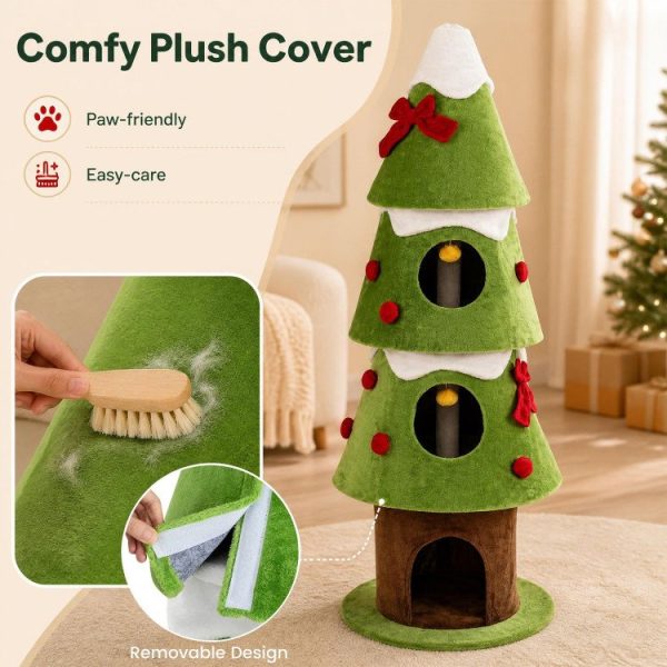 62 christmas cat tree with 3 cozy condos & 2 hanging balls 17