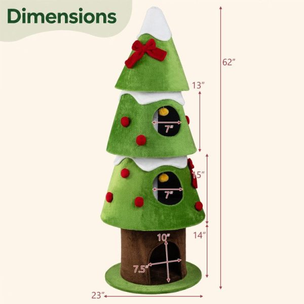 62 christmas cat tree with 3 cozy condos & 2 hanging balls 18