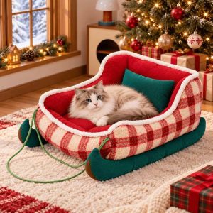 christmas sleigh shaped plush pet sofa bed with pillow 11