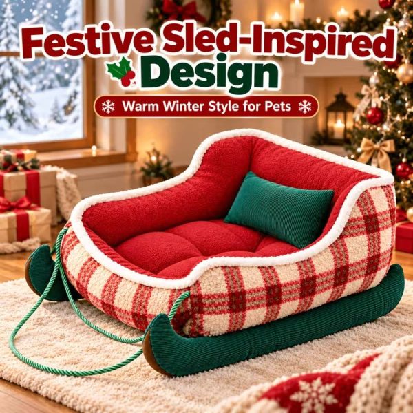 christmas sleigh shaped plush pet sofa bed with pillow 12