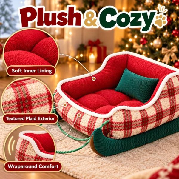 christmas sleigh shaped plush pet sofa bed with pillow 13