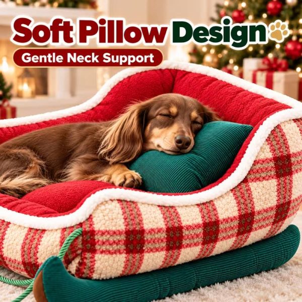 christmas sleigh shaped plush pet sofa bed with pillow 15