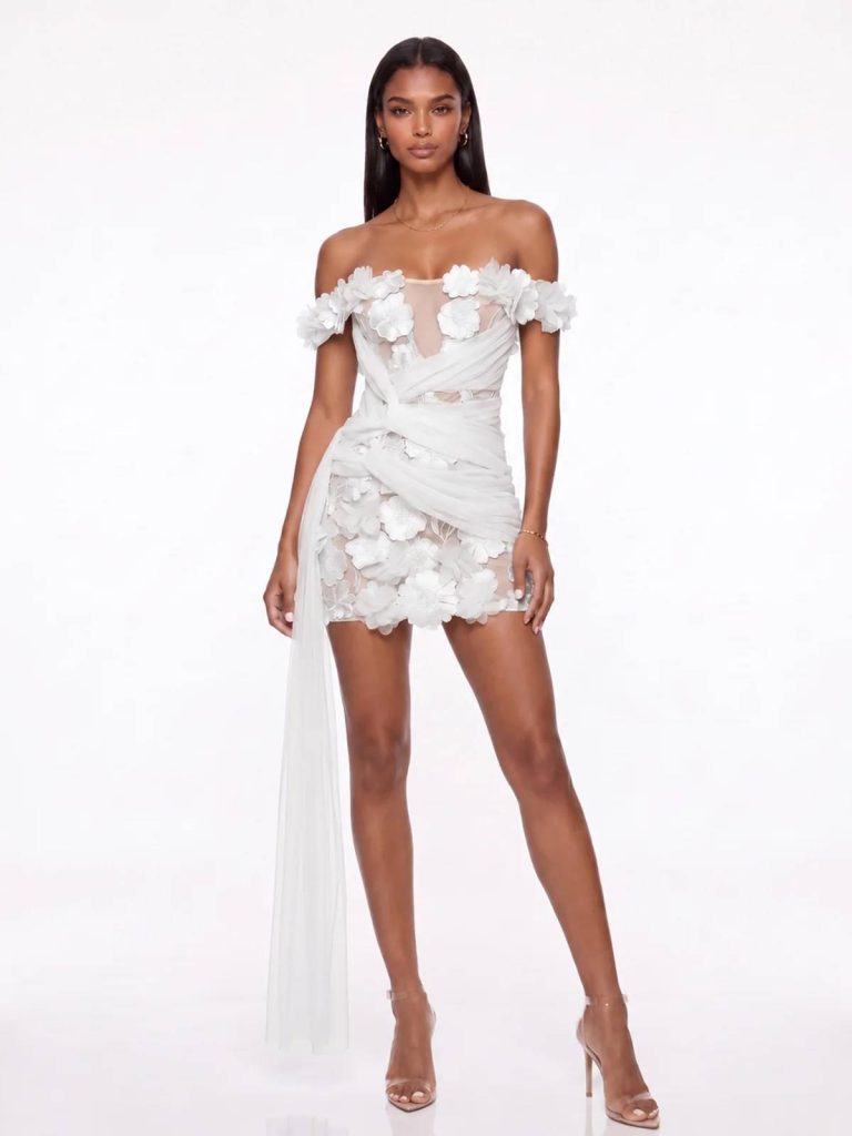 cirexen off shoulder flower mini dress in white 11