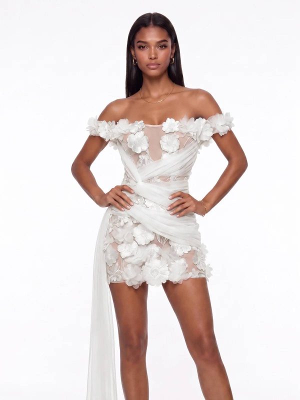 cirexen off shoulder flower mini dress in white 13