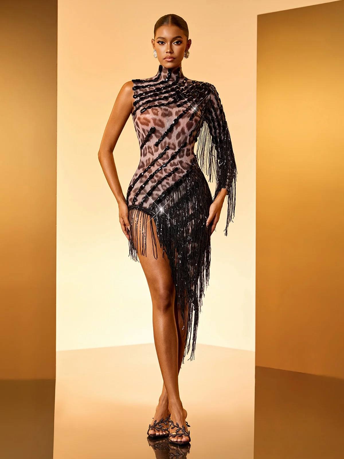dagfinn one shoulder fringe sequin bodysuit in leopard 11