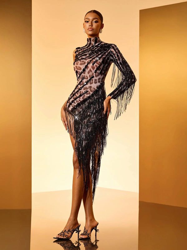 dagfinn one shoulder fringe sequin bodysuit in leopard 14