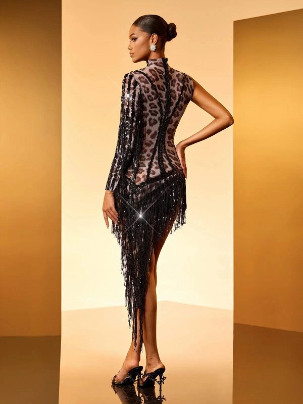 dagfinn one shoulder fringe sequin bodysuit in leopard 16