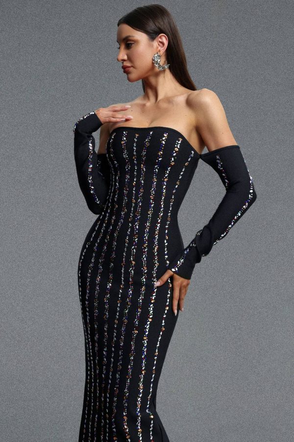 gilda strapless long sleeve rhinestone embellished stripe bandage maxi dress 14