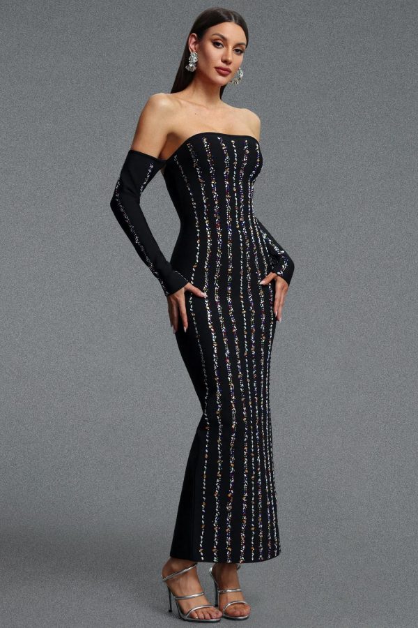 gilda strapless long sleeve rhinestone embellished stripe bandage maxi dress 15