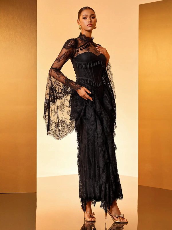 hali bell sleeve lace ruffle maxi dress in black 12