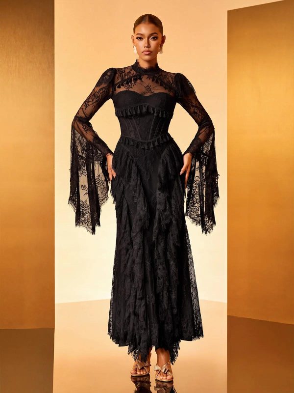 hali bell sleeve lace ruffle maxi dress in black 15