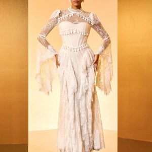 hali bell sleeve lace ruffle maxi dress in white 11