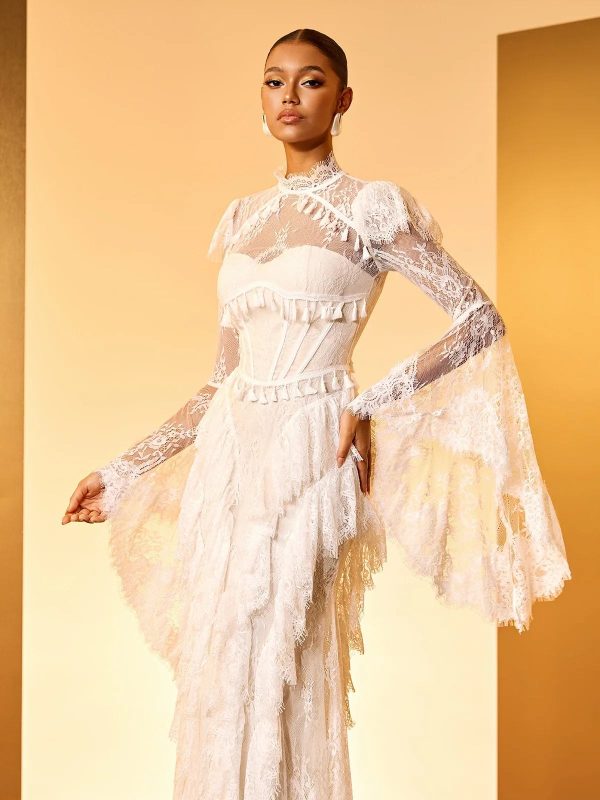 hali bell sleeve lace ruffle maxi dress in white 13