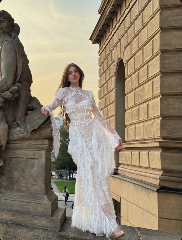hali bell sleeve lace ruffle maxi dress in white 17