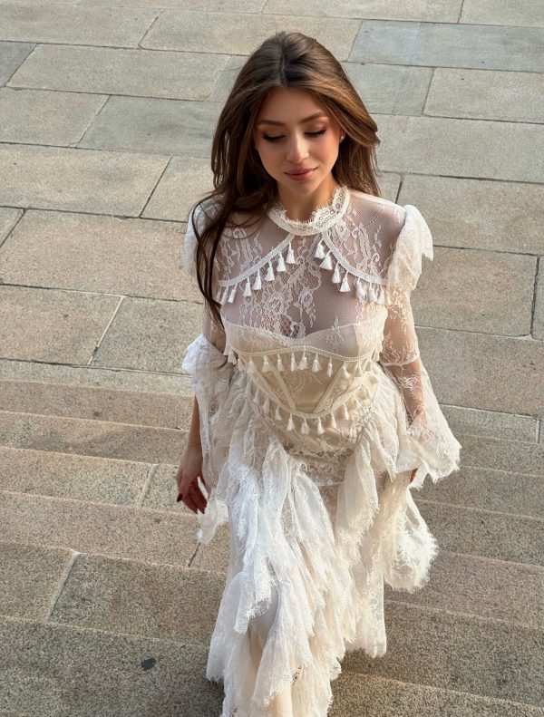 hali bell sleeve lace ruffle maxi dress in white 18