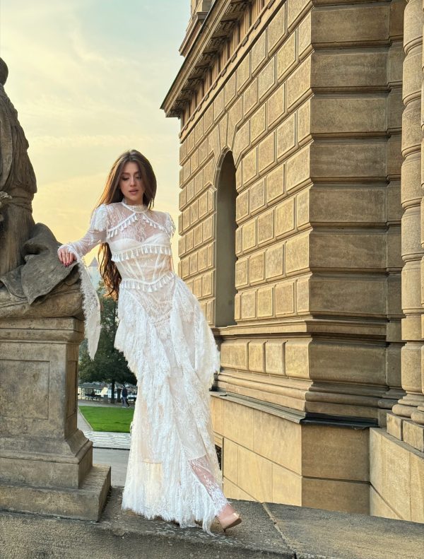 hali bell sleeve lace ruffle maxi dress in white 19