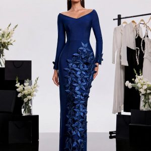 harita off shoulder flower bandage maxi dress in blue 11