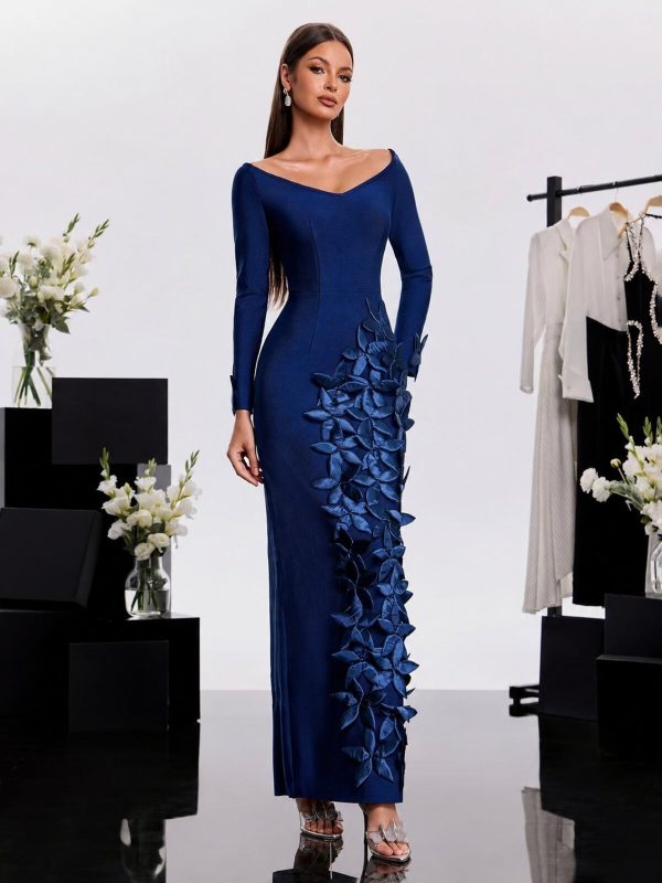harita off shoulder flower bandage maxi dress in blue 14
