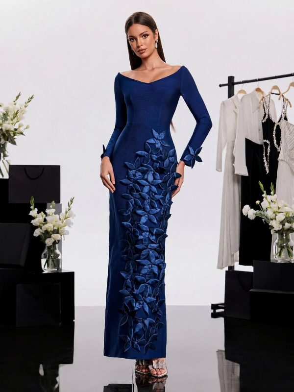 harita off shoulder flower bandage maxi dress in blue 15
