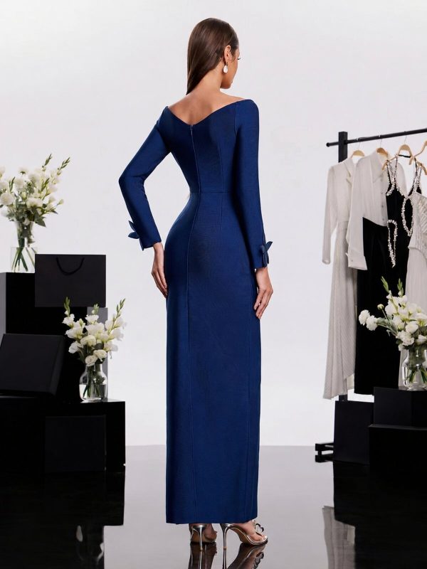 harita off shoulder flower bandage maxi dress in blue 16