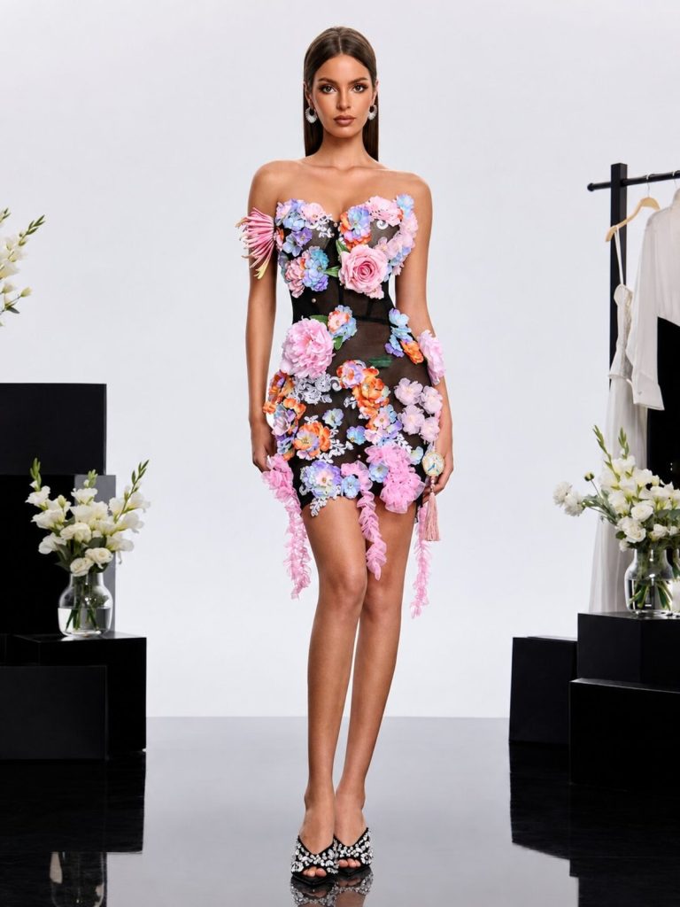 jaldex strapless flower mini dress in black 11