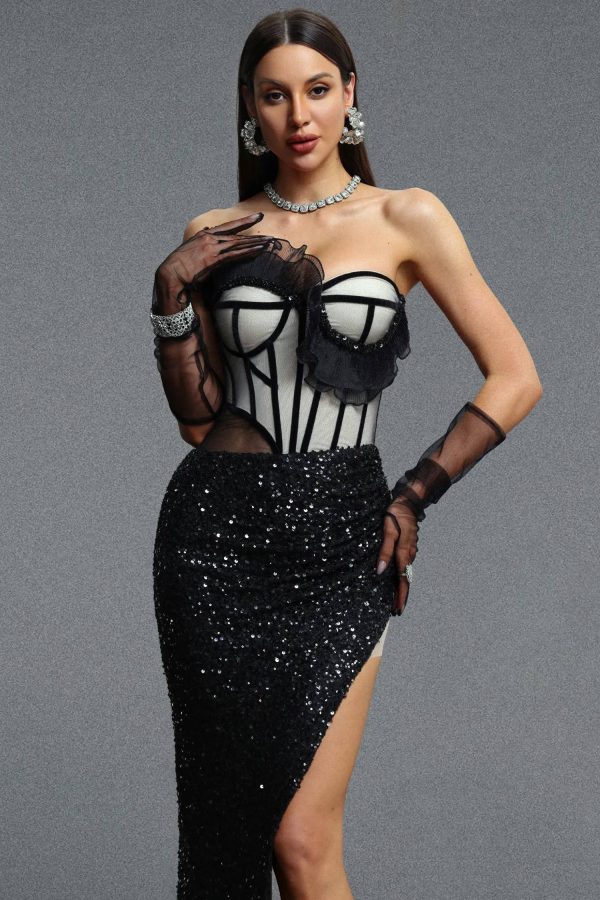 keeli cinched waist bandeau ruffle slit sequin woven maxi dress 12