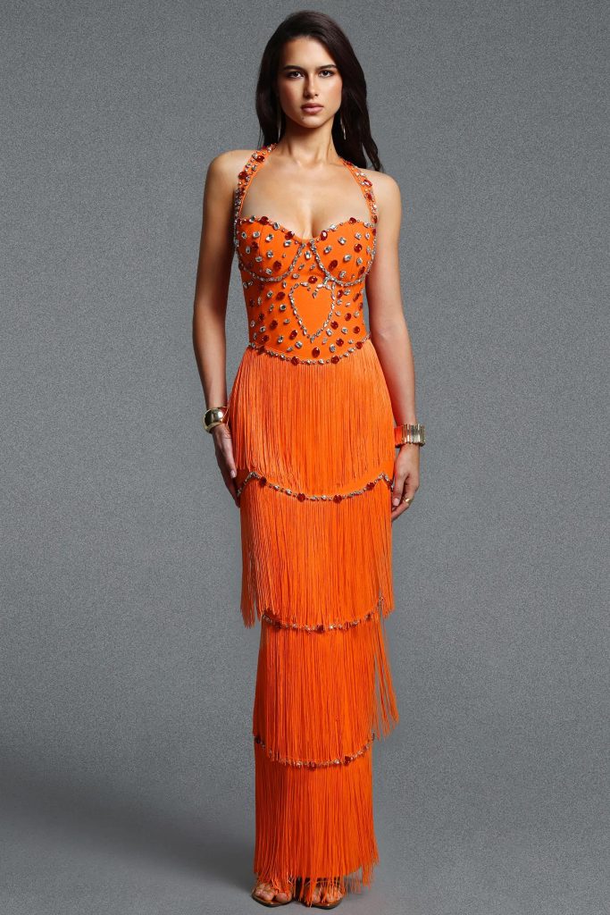 maci halter rhinestone fringe bandage maxi dress 11