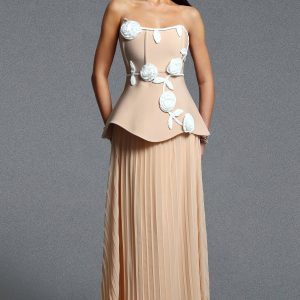 niavia elegant strapless floral pleated bandage maxi dress in apricot 11