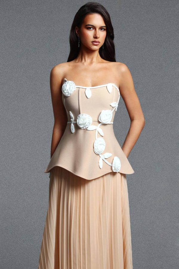 niavia elegant strapless floral pleated bandage maxi dress in apricot 12