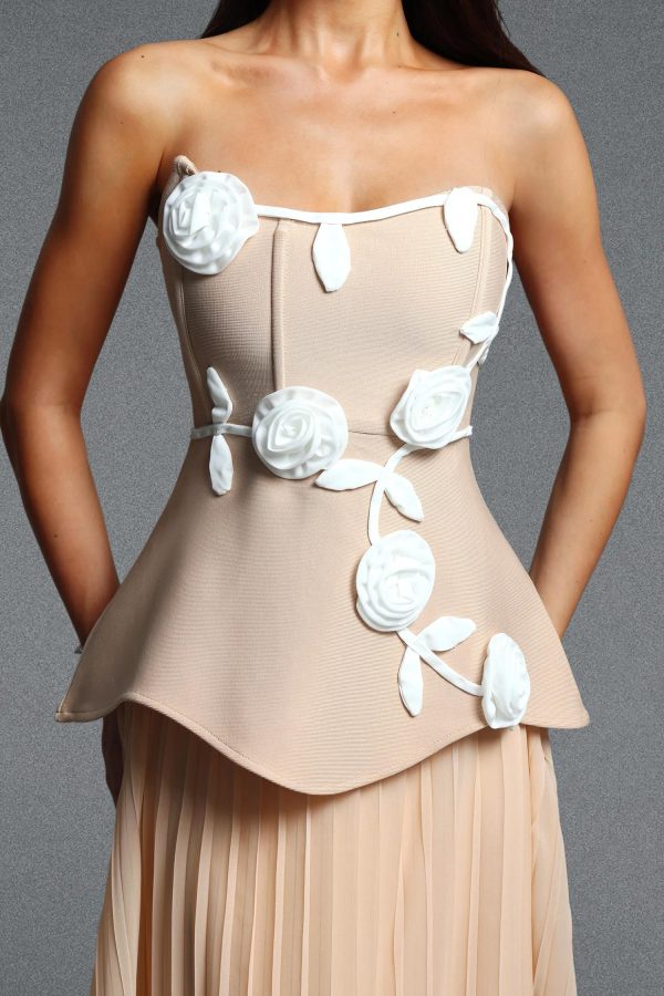 niavia elegant strapless floral pleated bandage maxi dress in apricot 13