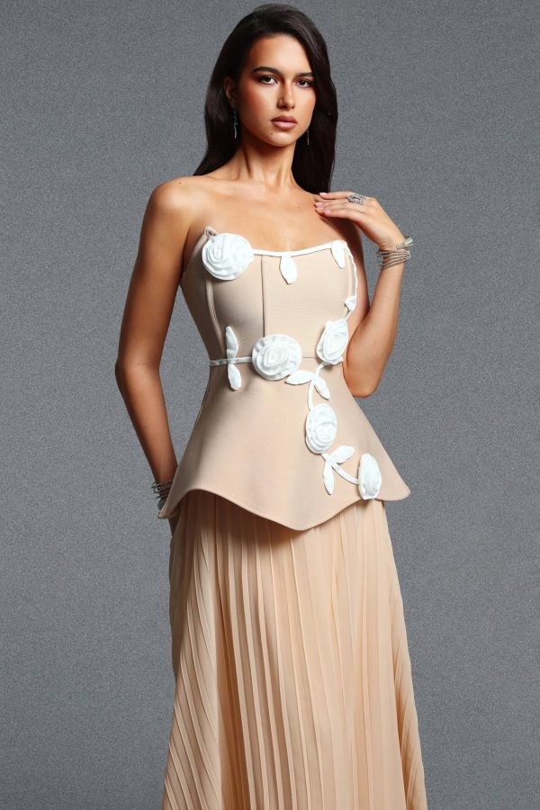 niavia elegant strapless floral pleated bandage maxi dress in apricot 14