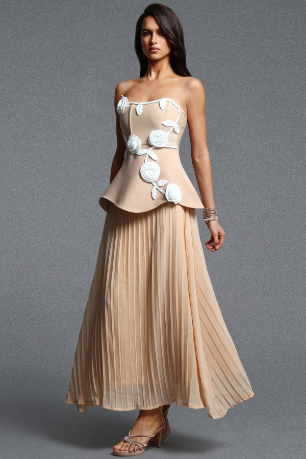 niavia elegant strapless floral pleated bandage maxi dress in apricot 15