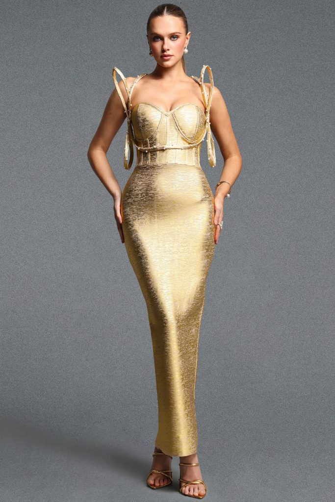 orsken corset bandage maxi dress in gold 11