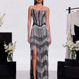 ovelrik fringe crystal split maxi dress 11