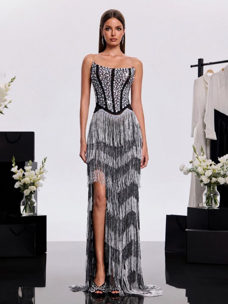 ovelrik fringe crystal split maxi dress 11