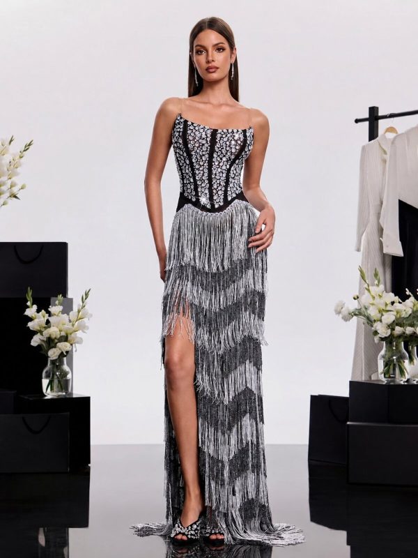 ovelrik fringe crystal split maxi dress 12