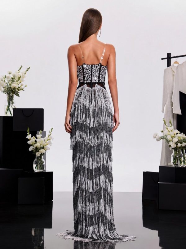 ovelrik fringe crystal split maxi dress 16