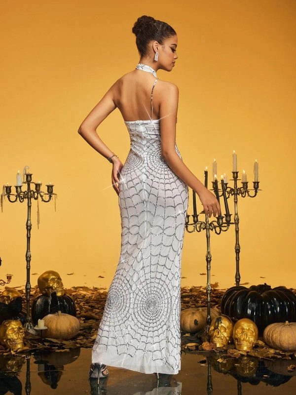 pagan halterneck sequin cobweb maxi dress 16