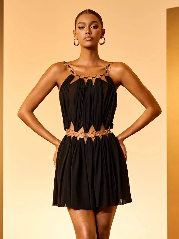 sevionx gold ring draped mini dress in black 13