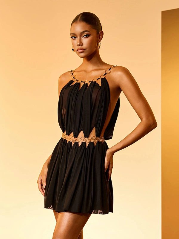 sevionx gold ring draped mini dress in black 14