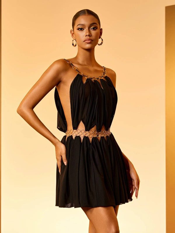 sevionx gold ring draped mini dress in black 15