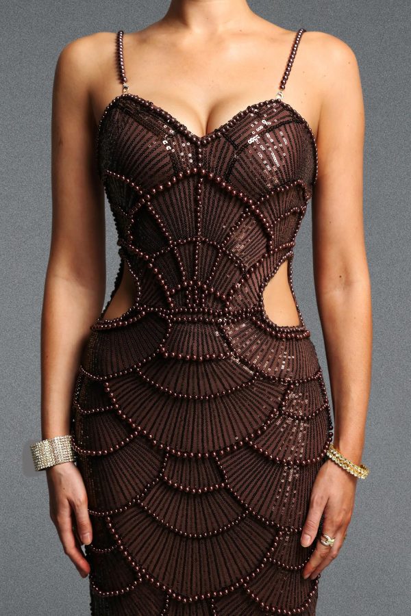 teresa pearl sequin midi dress in brown 13